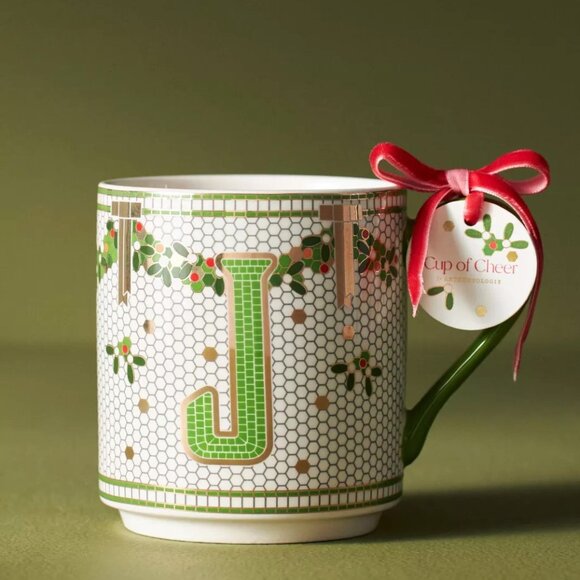 Anthropologie Festive Bistro Tile Stoneware Monogram Mug Letter J Paris Cafe New - Picture 3 of 6